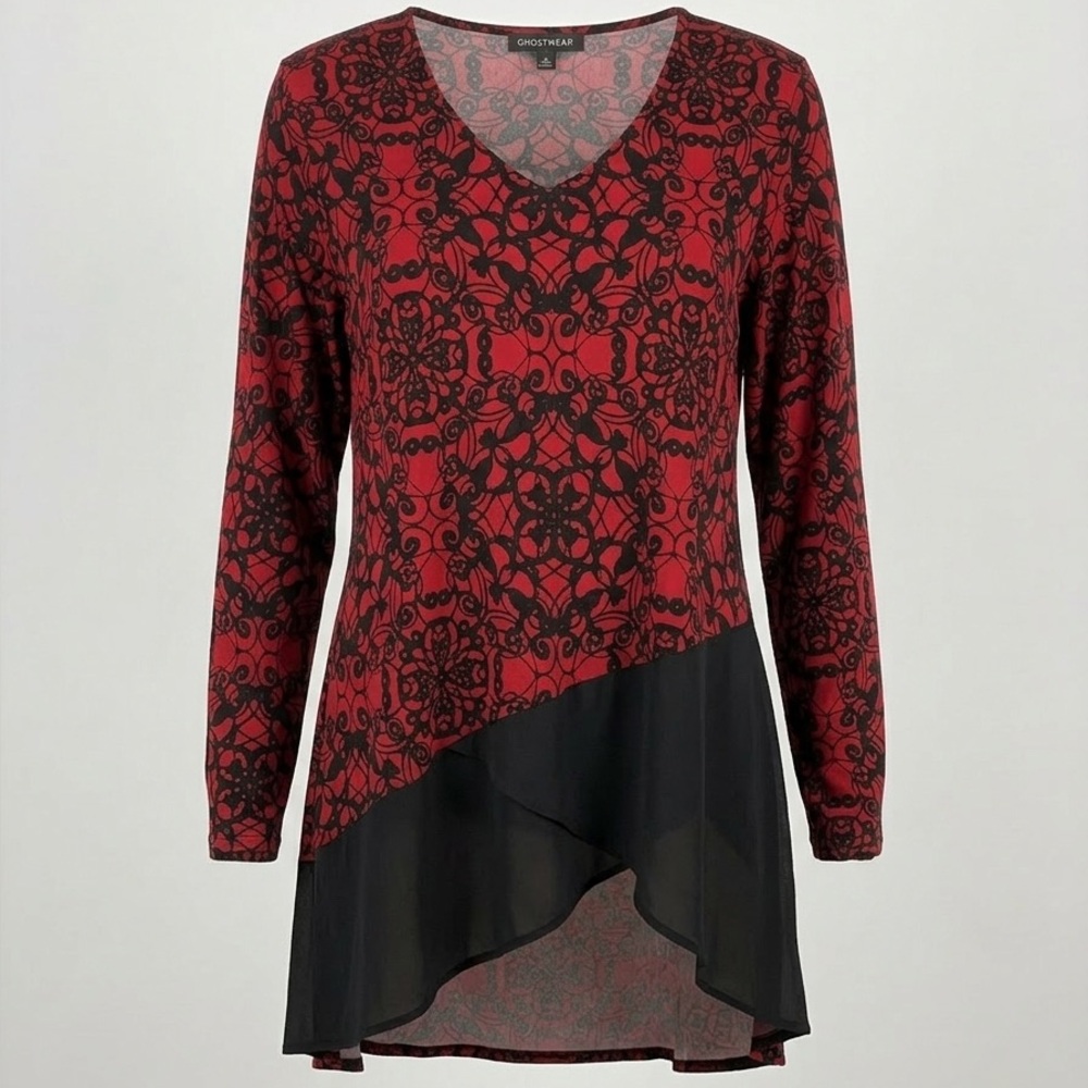 Women's Red and Black Asymmetrical Top - Picture 4 of 4